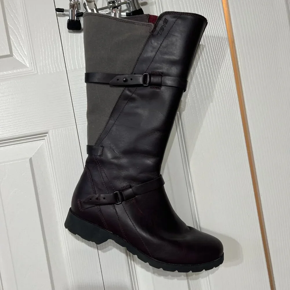 Teva De La Vina Burgundy Gray Waterproof Leather Tall Boot Zip Buckle 9 Outdoor